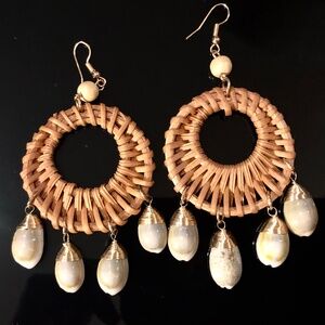 3/$40 Boho Woven Rattan Dangle Hoops Wire Wrapped Shells Earrings~Beach Cruise